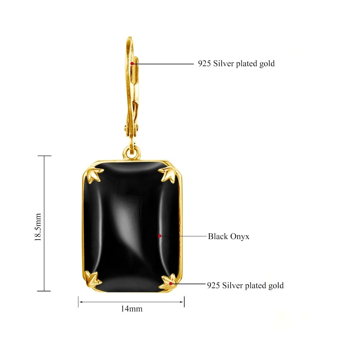 Hot Sale Vintage 18k Gold Plated Sterling Silver Rectangle Gemstone Black Onyx long earrings women jewelry