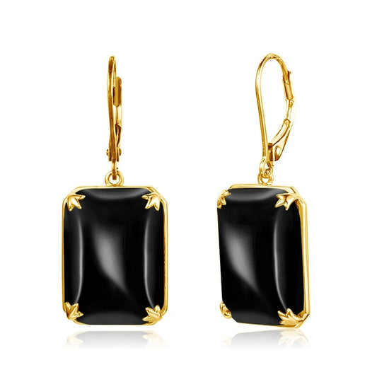 Hot Sale Vintage 18k Gold Plated Sterling Silver Rectangle Gemstone Black Onyx long earrings women jewelry