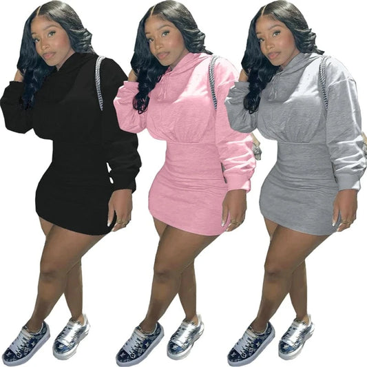 hot sale workwear cute 2024 spring collection modest women's casual cotton long sleeve hoodie bodycon mini dress for women