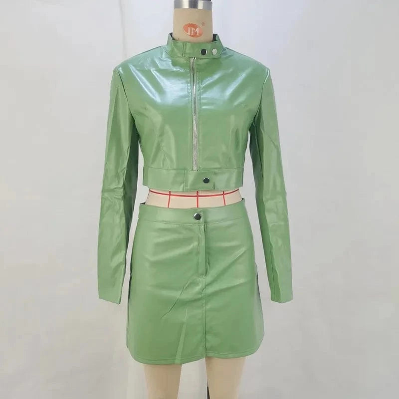 Hot Sale Zipper Crop Jacket+Mini Bodycon Skirt Spring Women's Clothing Trendy Pu Leather 2 Piece Skirt Set