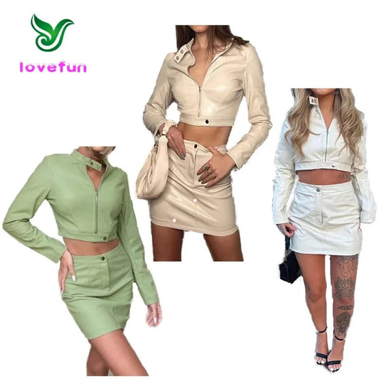 Hot Sale Zipper Crop Jacket+Mini Bodycon Skirt Spring Women's Clothing Trendy Pu Leather 2 Piece Skirt Set