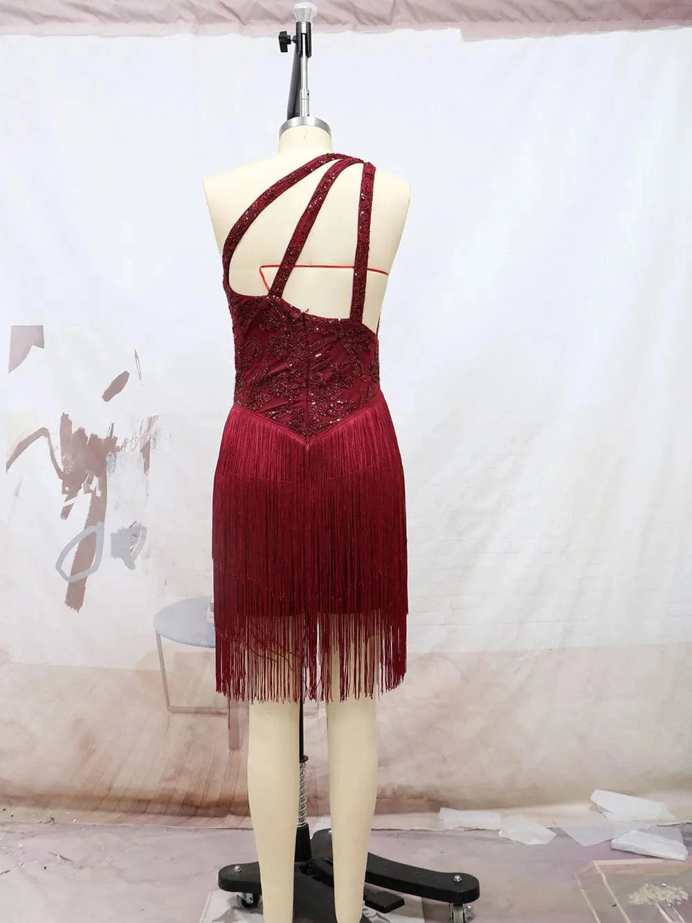 Hot Sales ladies vintage one shoulder backless red embroidered irregular fringed dress for party