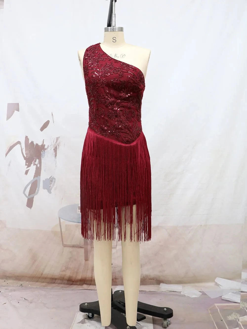 Hot Sales ladies vintage one shoulder backless red embroidered irregular fringed dress for party