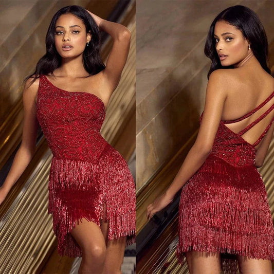 Hot Sales ladies vintage one shoulder backless red embroidered irregular fringed dress for party
