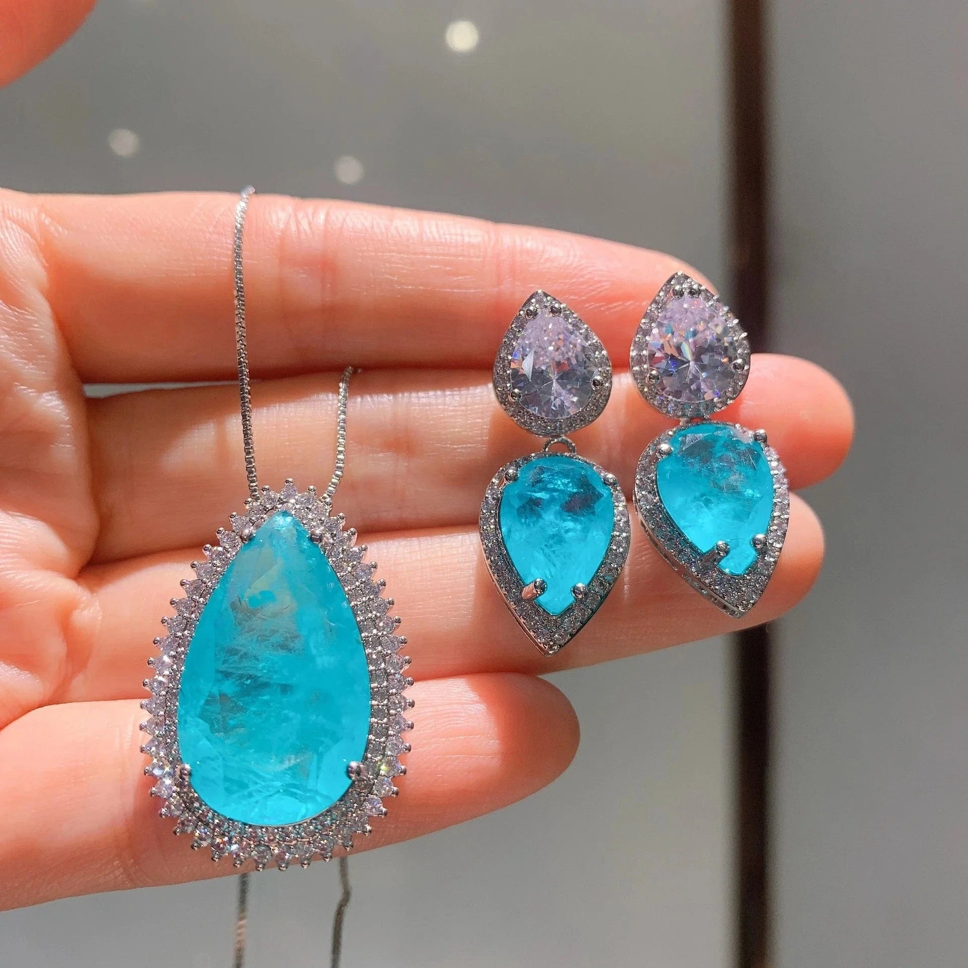 Hot sell luxury blue brazil Fusion stone waterdrop zirconia wedding engagement jewellery set new product 2024