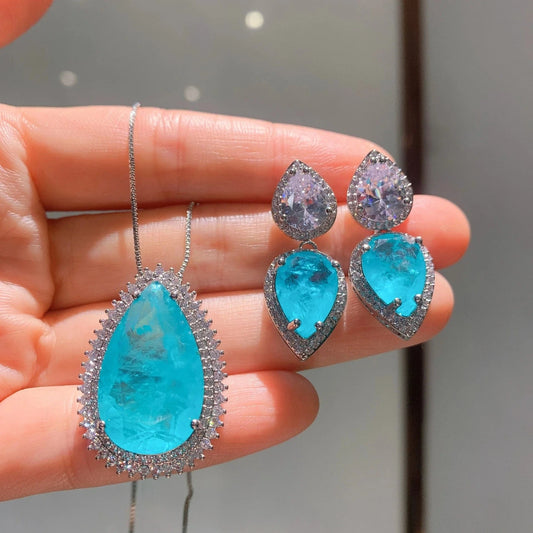 Hot sell luxury blue brazil Fusion stone waterdrop zirconia wedding engagement jewellery set new product 2024
