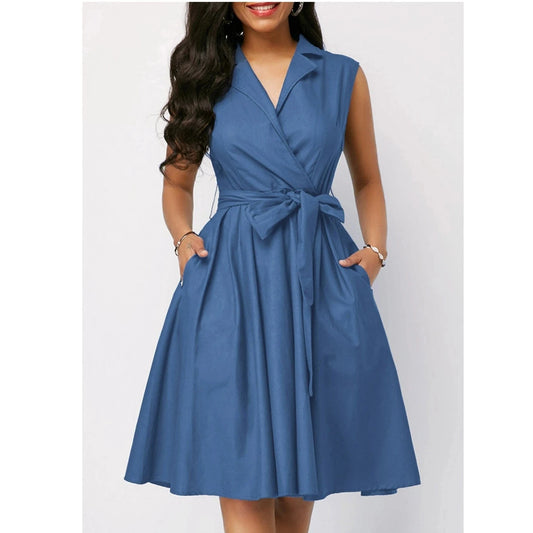 Hot Sell Solid Color summer Elegant Ladies Office dress  professional Women Formal Work Sleeveless Belted A line Career Dresses