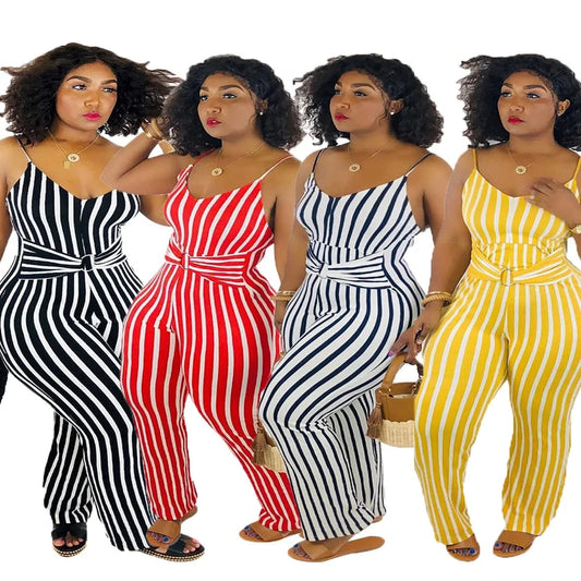 Hot Seller Summer Women's Clothing Jumpsuit Striped Suspender Straps Playsuit Plus Size Back Zipper Lady Long Romper
