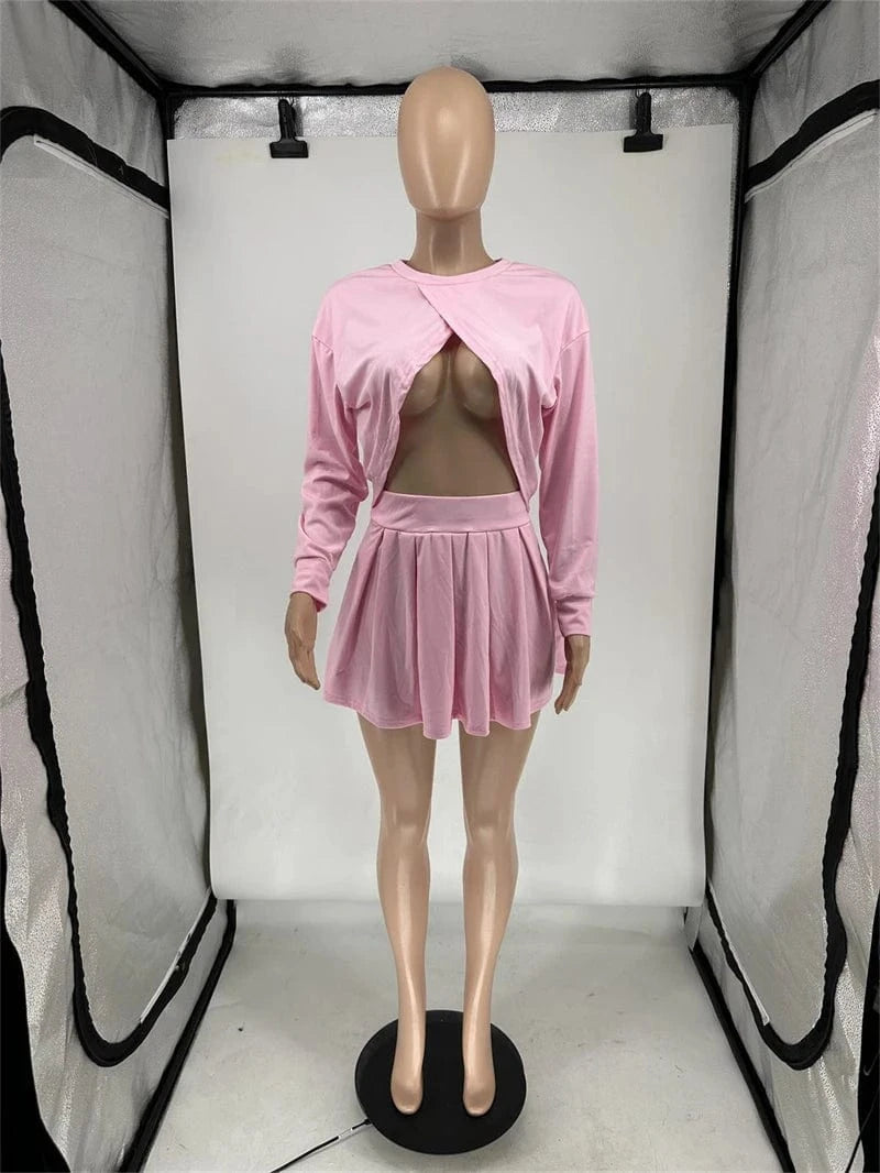 hot selling 2024 fall new arrivals trending products 2025 spring women ladies sexy beauty pink 2 piece sweatshirt and skirt set