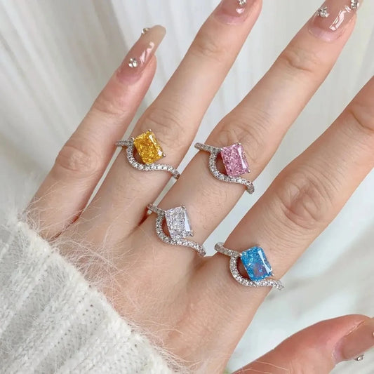 Hot Selling Colorful Fine Jewelry Square 925 Sterling Silver Rings Bridal Diamond Cubic Zirconia Wedding Jewelry Sets For Women