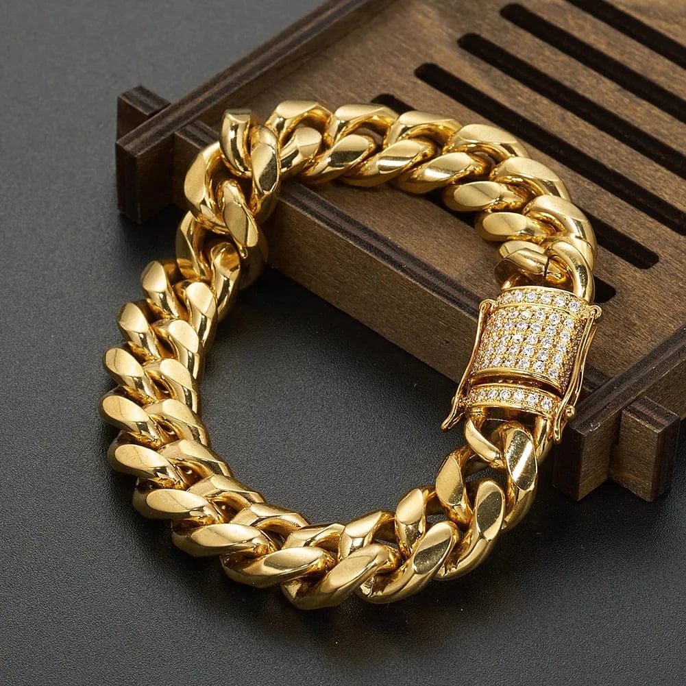 Hot Selling  HipHop Jewelry Chunky Stainless Steel 18K Gold Plated Cz Miami Cuban Chain Wrist Hand Bracelet