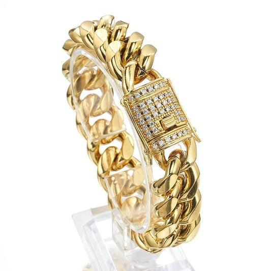 Hot Selling  HipHop Jewelry Chunky Stainless Steel 18K Gold Plated Cz Miami Cuban Chain Wrist Hand Bracelet