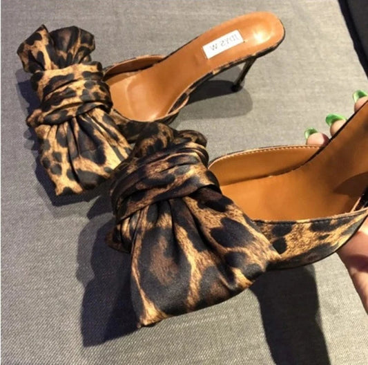 Hot Selling Leopard PU leather High Heel Women Sandal High Heel bowknot women mule