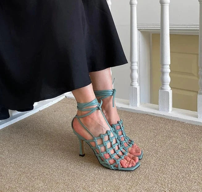 Hot selling low price peep toe  ankle strap  Ornamental openwork fabric mid heel square toe ladies sandals