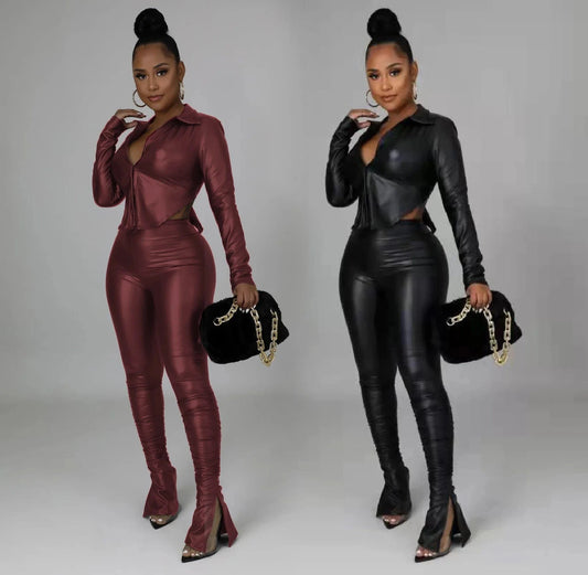 Hot Selling Sexy Backless Pu Two Piece Set Autumn Long Sleeve Turn-down Collar Shirt Side Slit Pant Leather 2 Piece Set Women