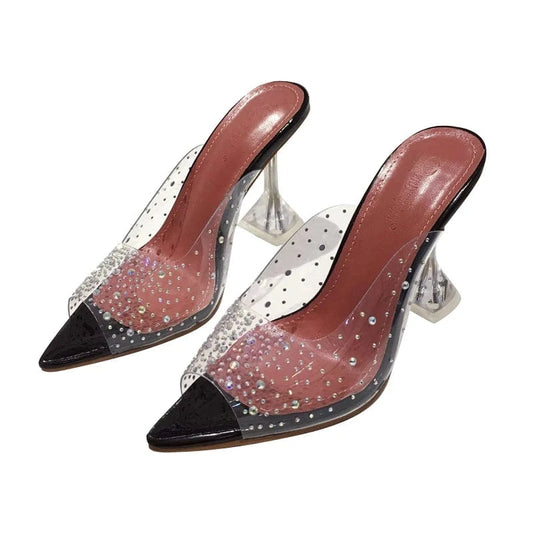 Hot selling sexy women clear PVC peep toe  diamante stiletto slippers  pointed Toe sexy Ladies shoes high heel sandals