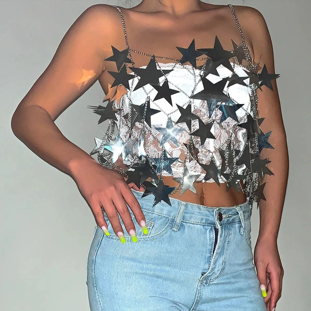 Hot Selling Star Sequined Clubbing Hollow Out Skirt Halter Crop Top Summer Sexy Two Piece Skirt Set