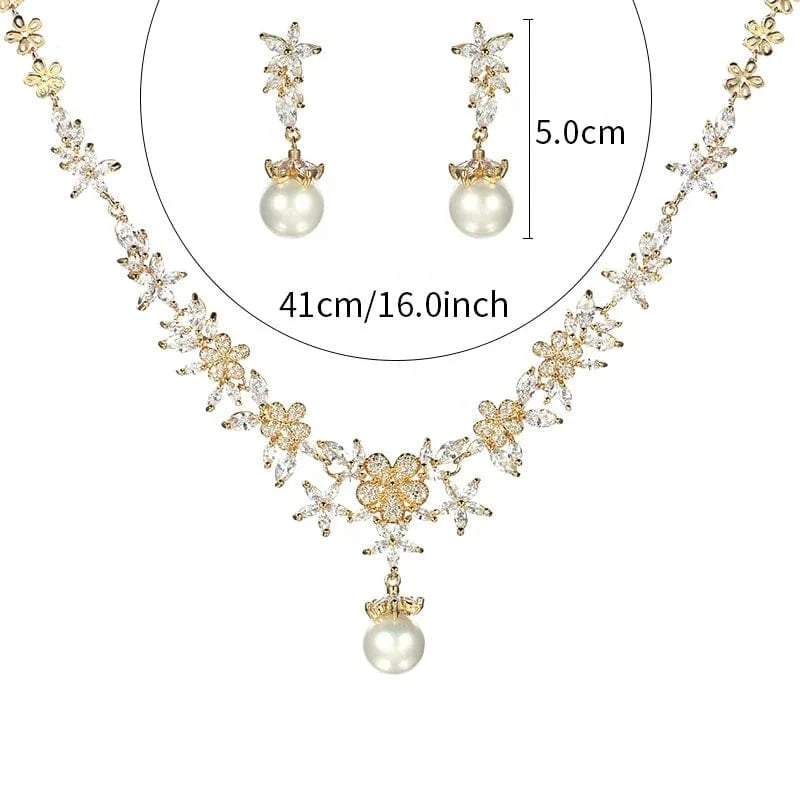 Hot selling wholesale wedding jewelry sets exquisite zircon flower pearl pendant necklace dangle drop earrings bridal party set