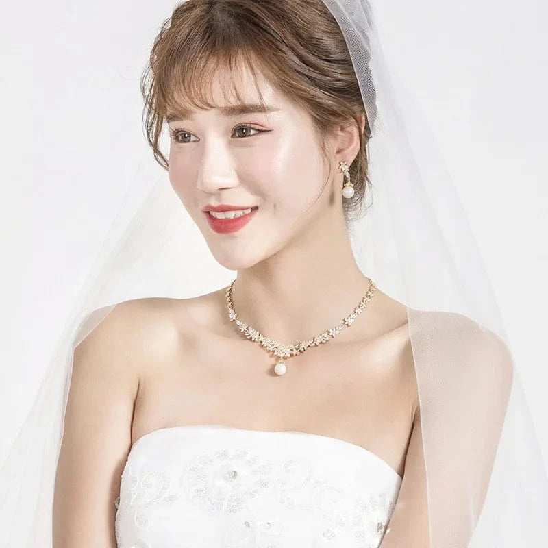 Hot selling wholesale wedding jewelry sets exquisite zircon flower pearl pendant necklace dangle drop earrings bridal party set