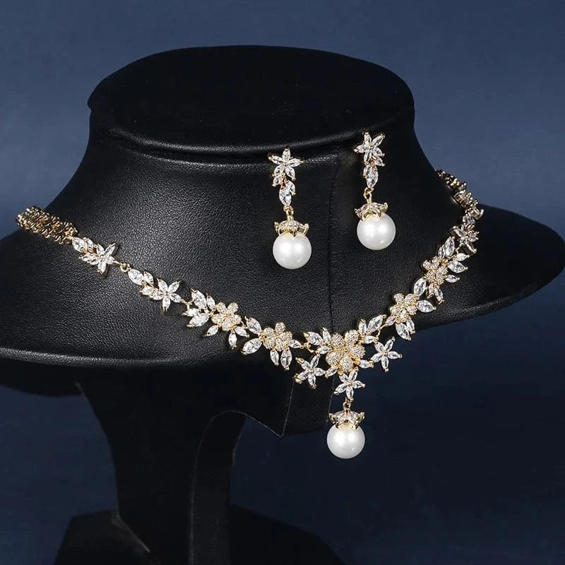 Hot selling wholesale wedding jewelry sets exquisite zircon flower pearl pendant necklace dangle drop earrings bridal party set