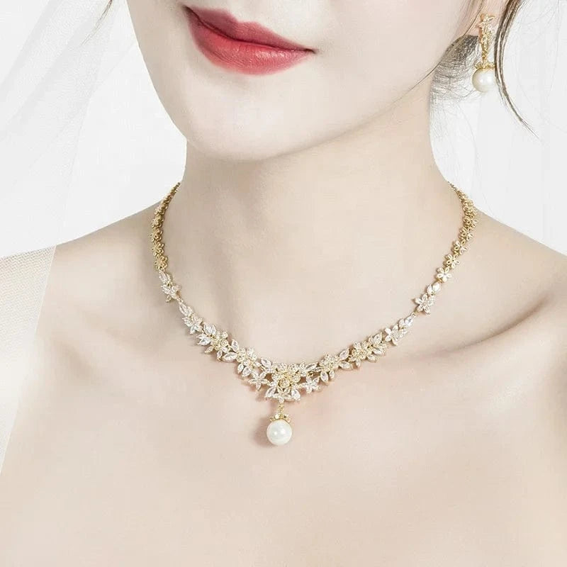 Hot selling wholesale wedding jewelry sets exquisite zircon flower pearl pendant necklace dangle drop earrings bridal party set