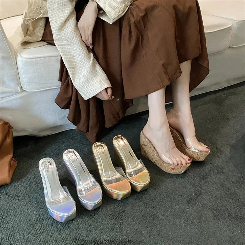 Hot transparent fish mouth high-end wedge slippers 2024 New