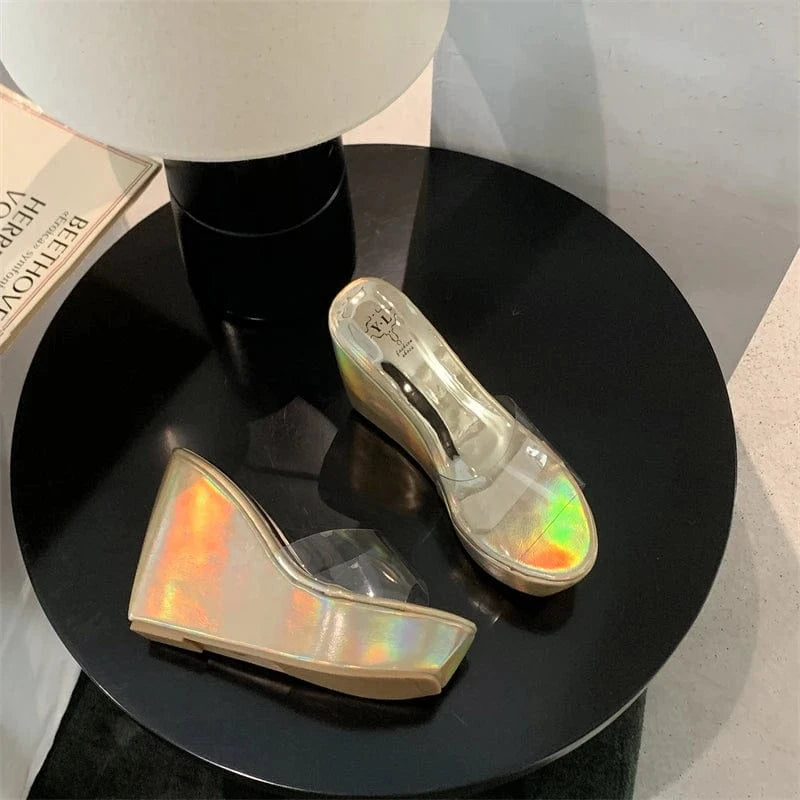 Hot transparent fish mouth high-end wedge slippers 2024 New
