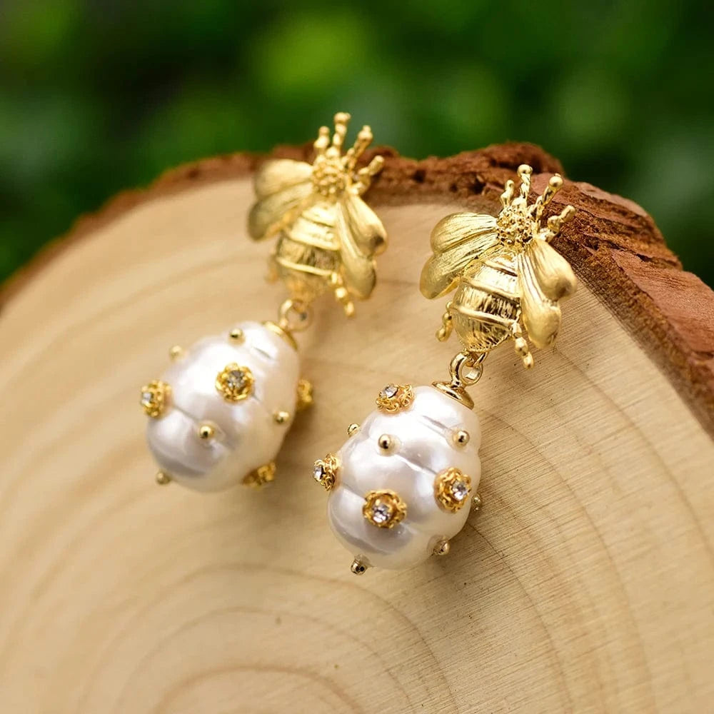 Hotsale Cheap Instagram Bee Earrings 18k Gold Plated Pearl Drop Earrings For Women Lovely Fine Jewelry Wholesale