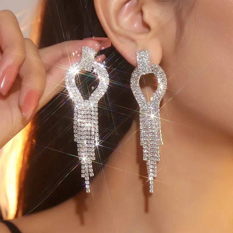 Hoyon Fashion Jewelry Accessories Long Tassel Full Rhinestone Drop Earrings Golden Leaf Dangle Earrings for Women