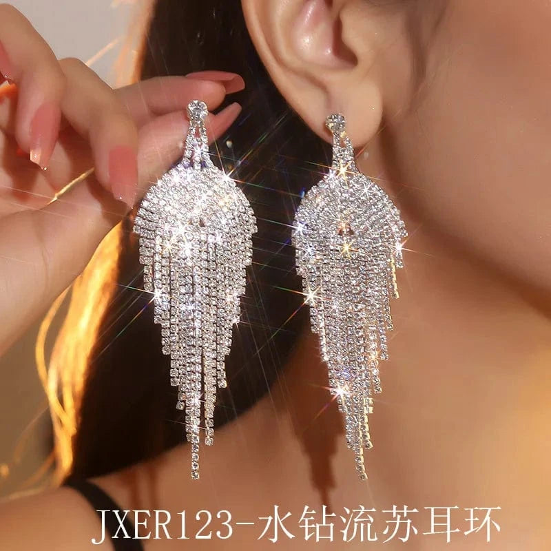 Hoyon Fashion Jewelry Accessories Long Tassel Full Rhinestone Drop Earrings Golden Leaf Dangle Earrings for Women