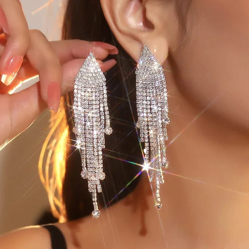Hoyon Fashion Jewelry Accessories Long Tassel Full Rhinestone Drop Earrings Golden Leaf Dangle Earrings for Women
