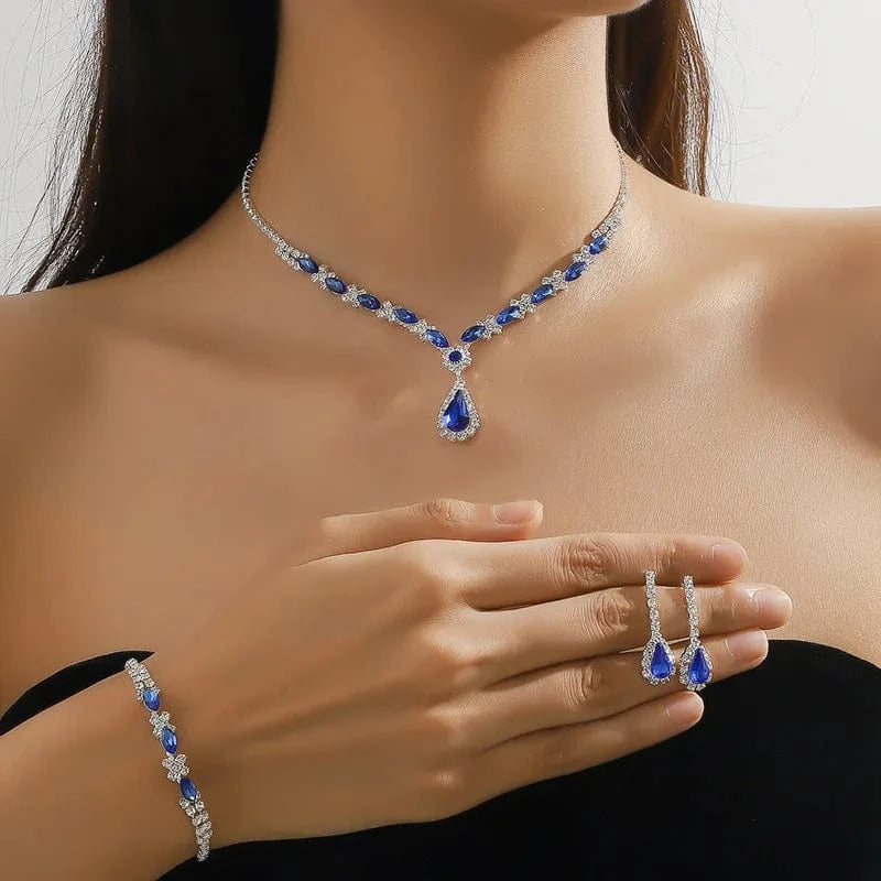 Hoyon  Fashion Red Crystal Necklace Earrings Bracelet Set Hot Sale Blue Rhinestone Jewelry Set Europe and the America style