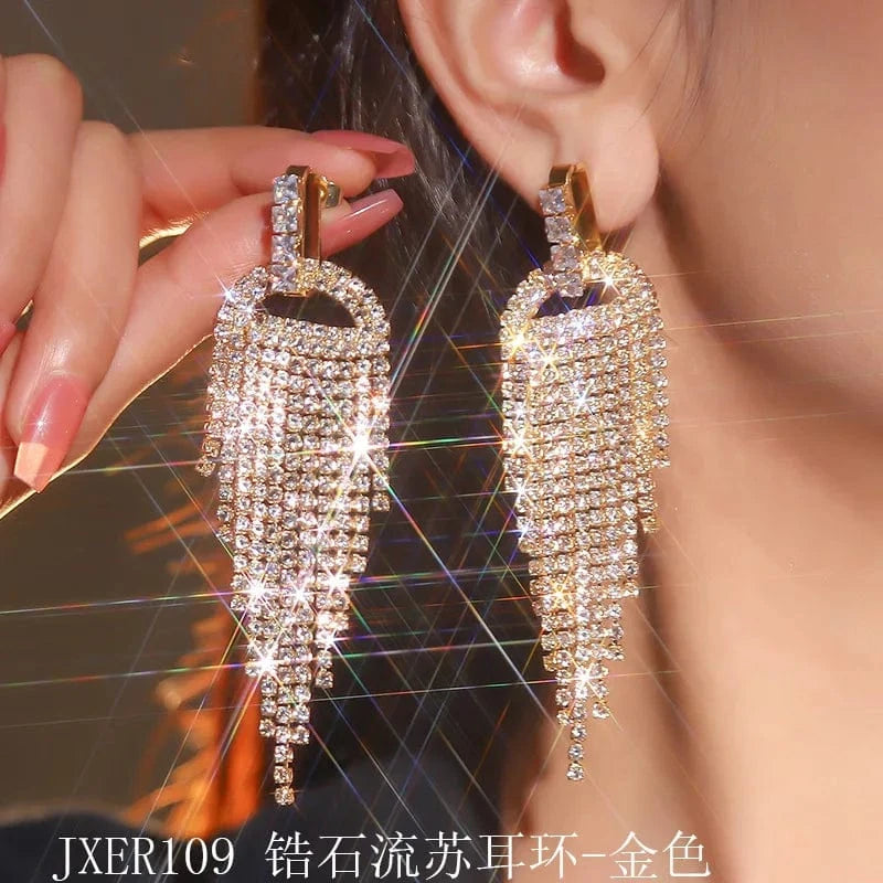 Hoyon Hot Selling Luxury Triangle Rhinestone Tassels Earrings Long Tailed Diamond Earrings Vintage Jewelry Rhinestone Earrings