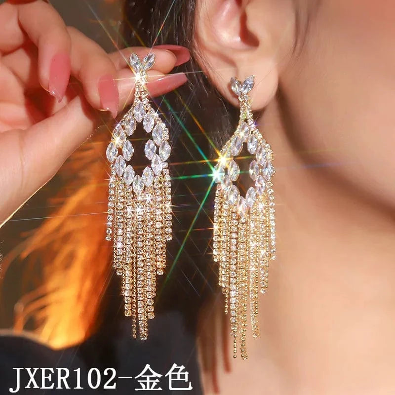 Hoyon Hot Selling Luxury Triangle Rhinestone Tassels Earrings Long Tailed Diamond Earrings Vintage Jewelry Rhinestone Earrings