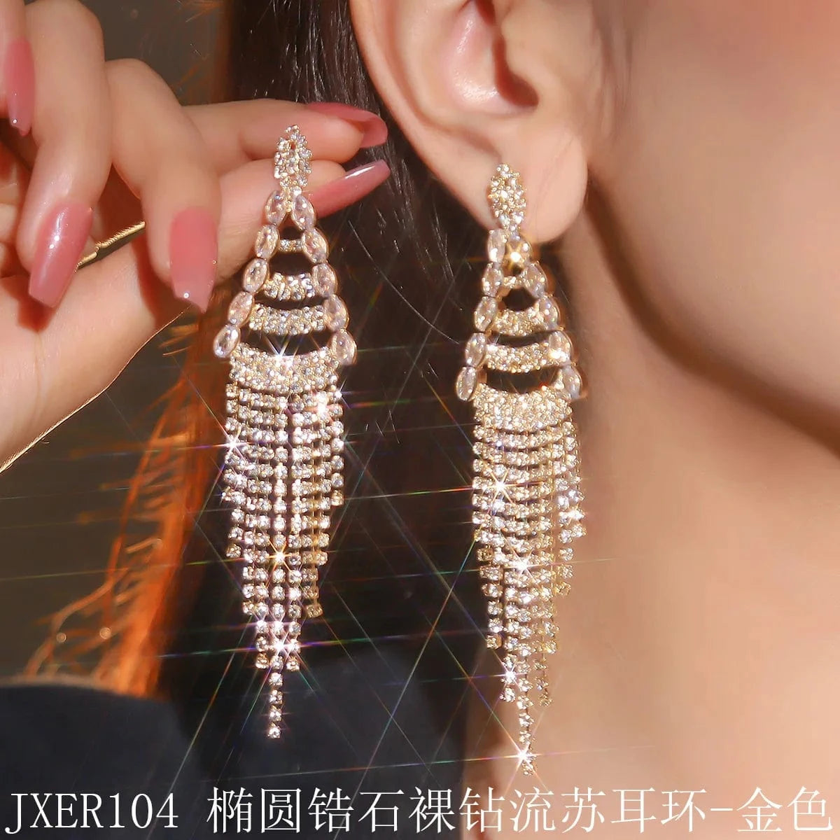 Hoyon Hot Selling Luxury Triangle Rhinestone Tassels Earrings Long Tailed Diamond Earrings Vintage Jewelry Rhinestone Earrings