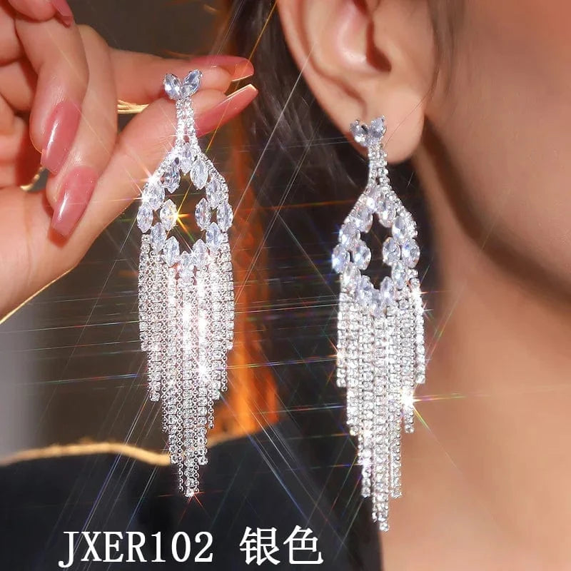 Hoyon Hot Selling Luxury Triangle Rhinestone Tassels Earrings Long Tailed Diamond Earrings Vintage Jewelry Rhinestone Earrings