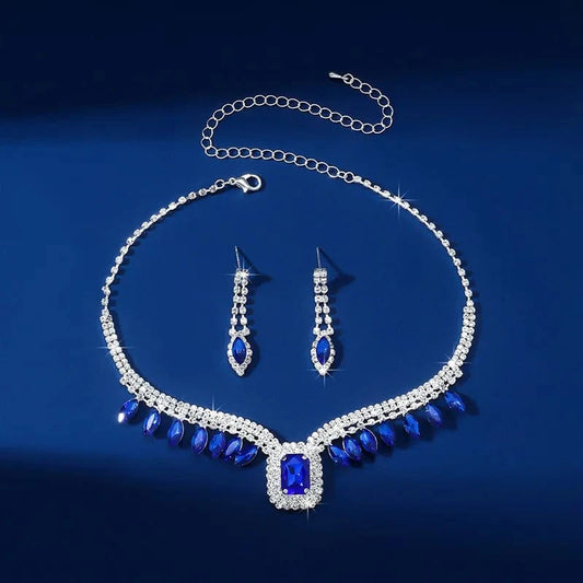 Hoyon Luxury Cubic Zircon Necklace Pendant Earrings For Women's Parties Blue Gemstone Jewelry Set Wedding Bride