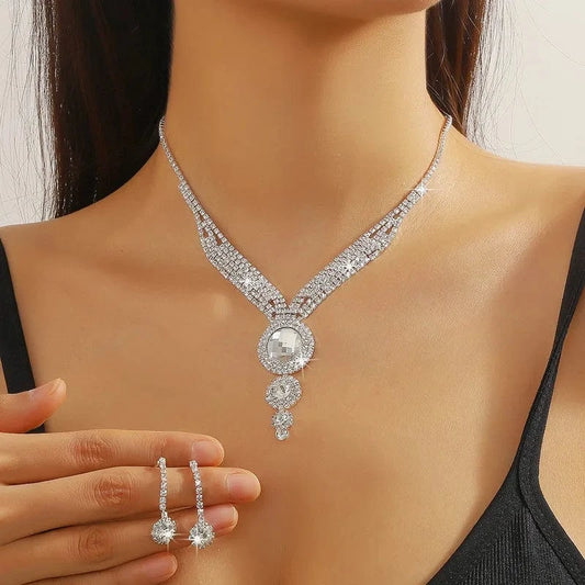 Hoyon New Jewelry Set Teardrop Wedding Rhinestone Necklace And Earrings Silver Jewelry Set For Women