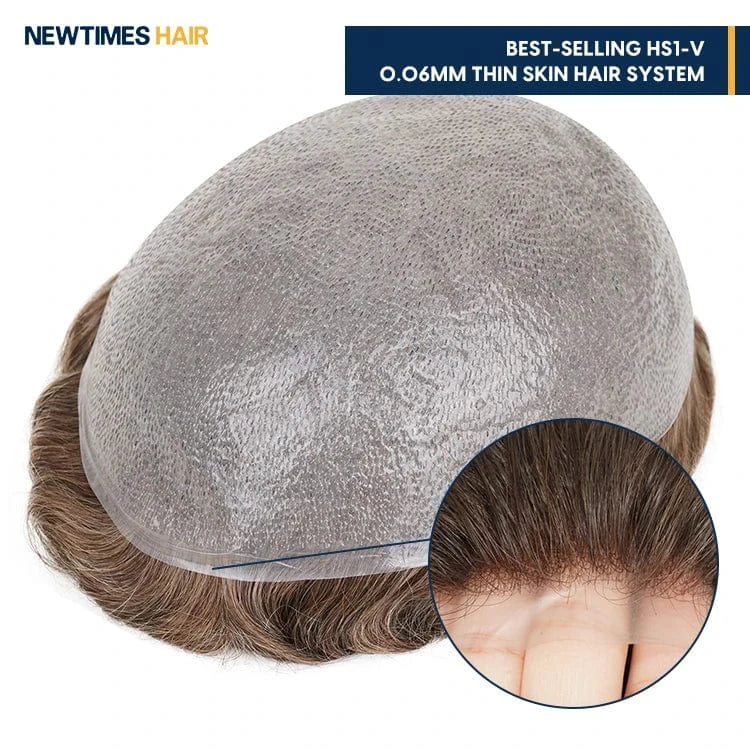 HS1V Super Thin 100% Hand Tied Men's Toupee Natural Wave Style with Invisible Hairline and Comfortable PU Base
