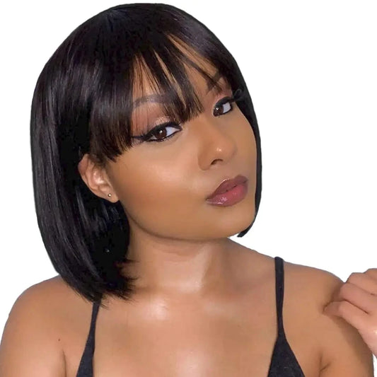 Human Hair Short Bob Wigs With Bangs Straight Hair Fringe Bob Wig for Women #4 Chocolate Brown #99j Dark Red Full Machine Wigs