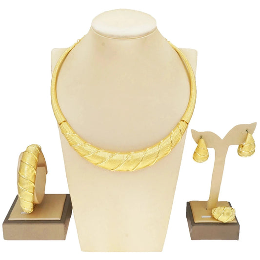 HV003732 High Quality Dubai Necklace Jewelry Set For Woman 2024 latest Design African Jewels 24 k Gold Plated Simple Classic Necklace Set