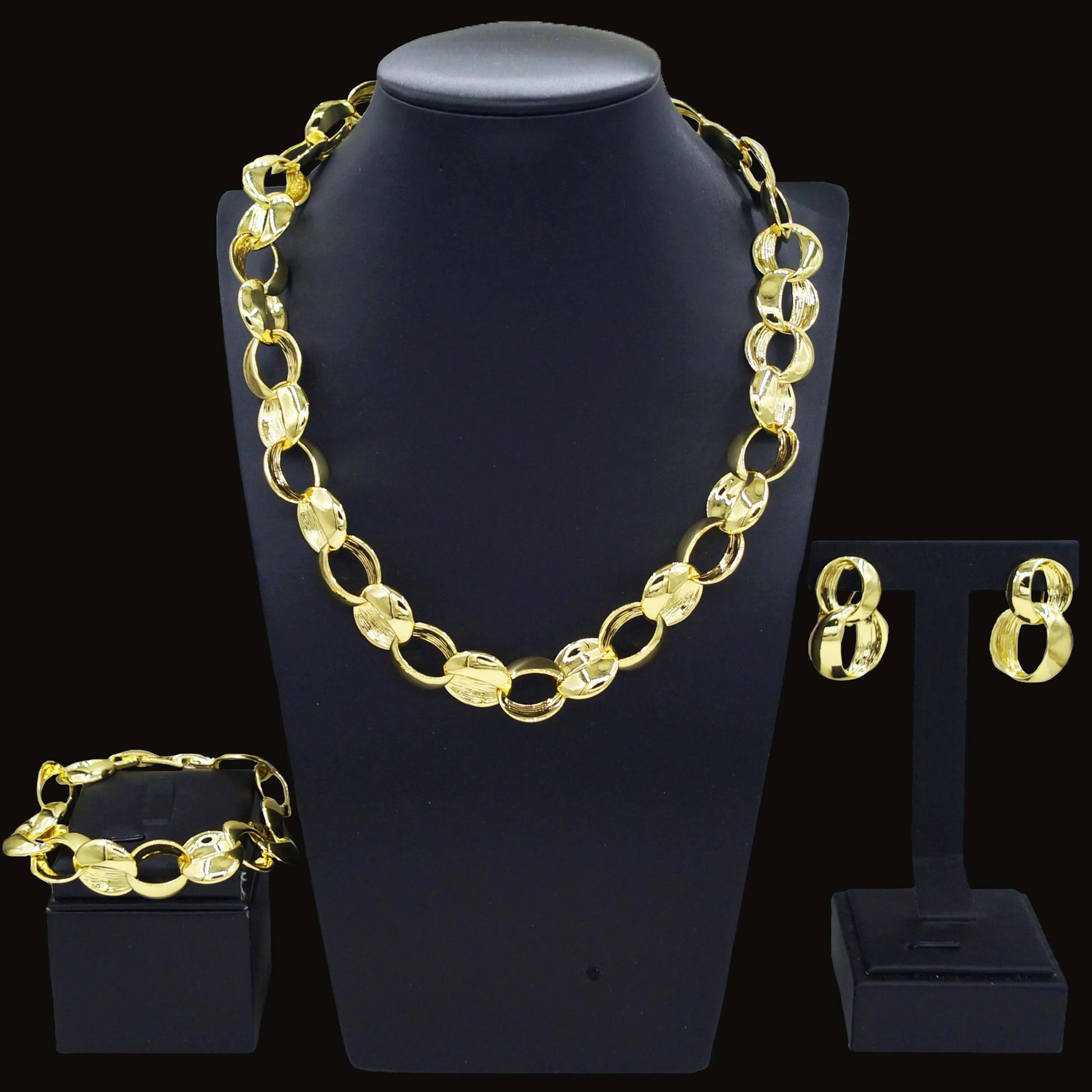 HV21093033 Inked Circles Earrings Bangle Ring Necklace Set 4 Pieces Dubai Jewelry Sets 24 K Gold Plated African Jewelry For Women