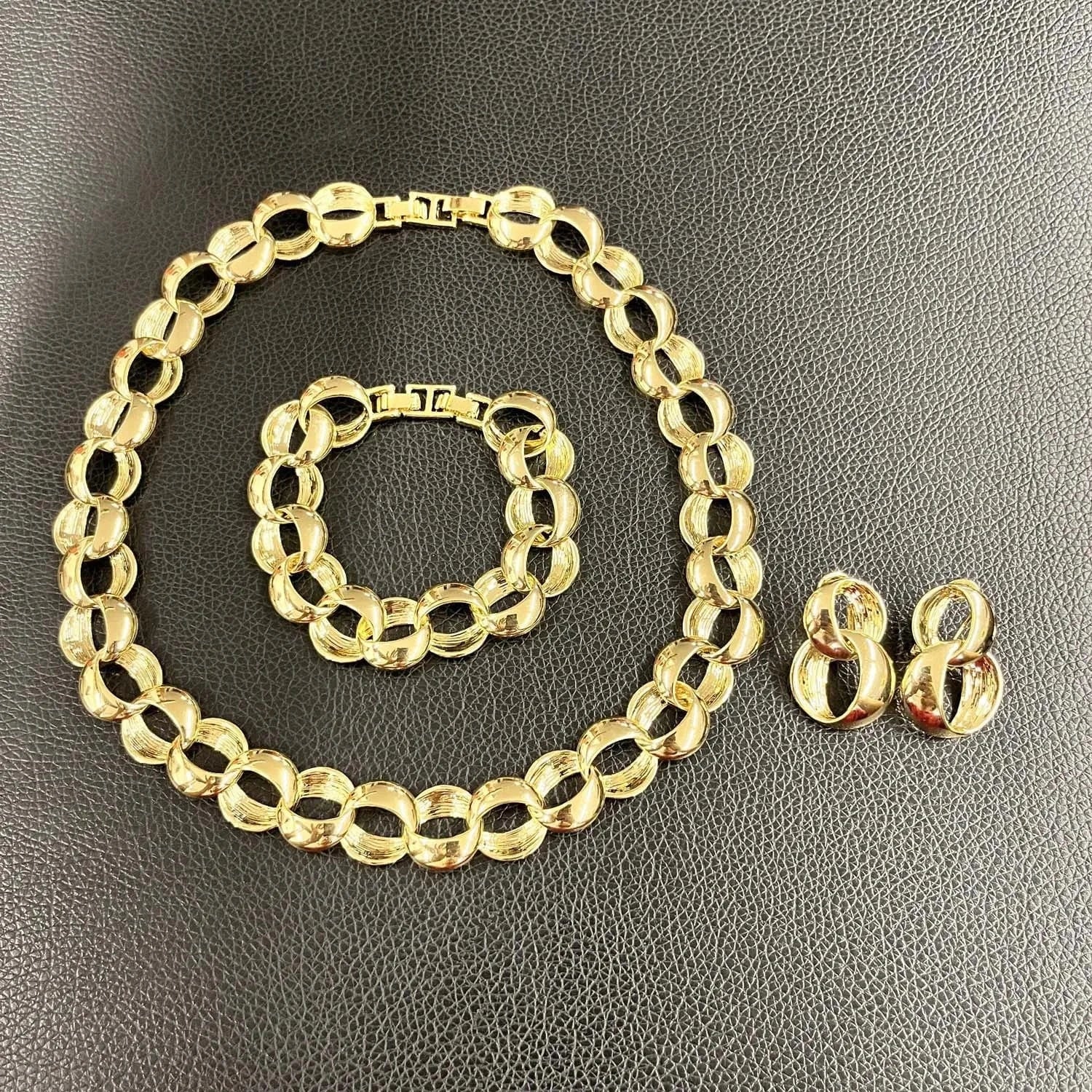 HV21093033 Inked Circles Earrings Bangle Ring Necklace Set 4 Pieces Dubai Jewelry Sets 24 K Gold Plated African Jewelry For Women