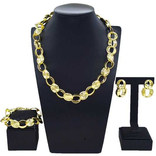 HV21093033 Inked Circles Earrings Bangle Ring Necklace Set 4 Pieces Dubai Jewelry Sets 24 K Gold Plated African Jewelry For Women