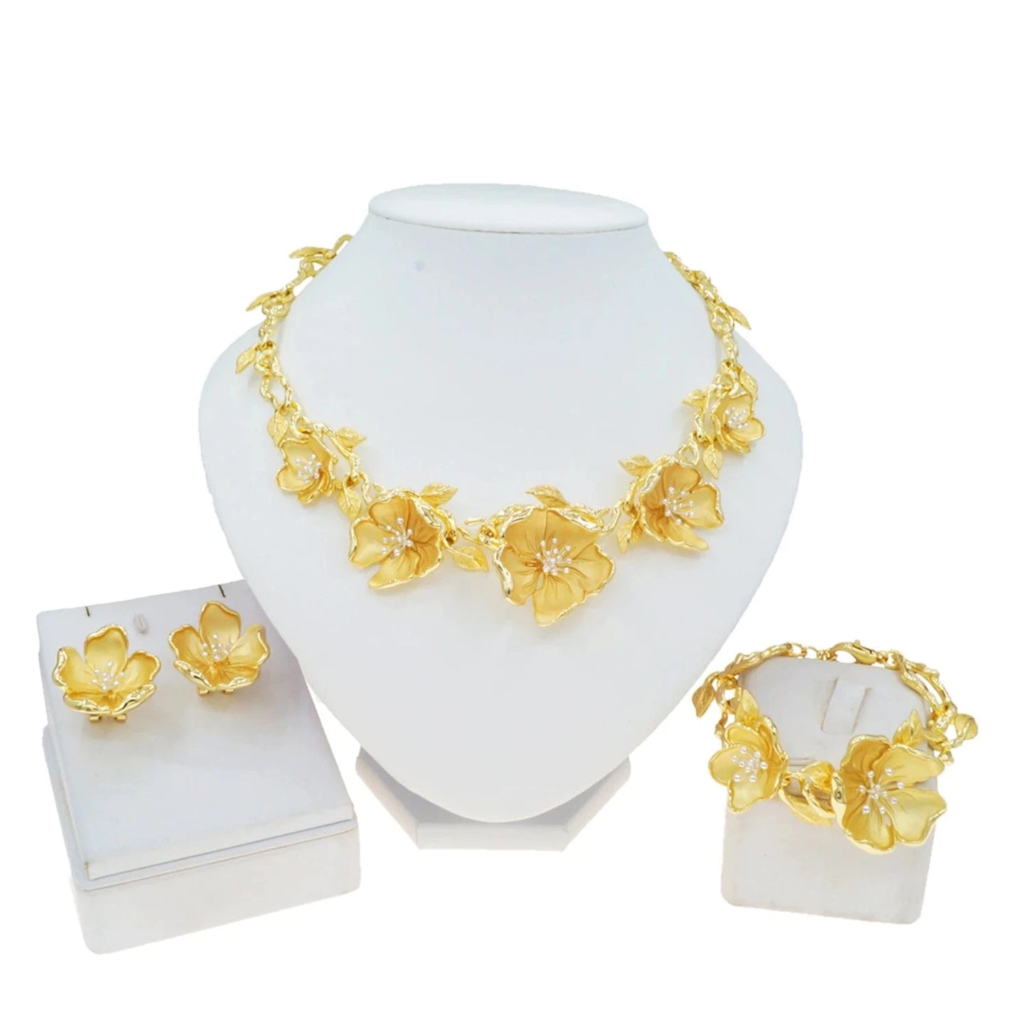 HV21093635 Beautiful Flower Design Jewelry For Women Gold Plated Dubai jewelry Set 4 pieces Jewelry Necklace Earrings Ring Bracelet Sets