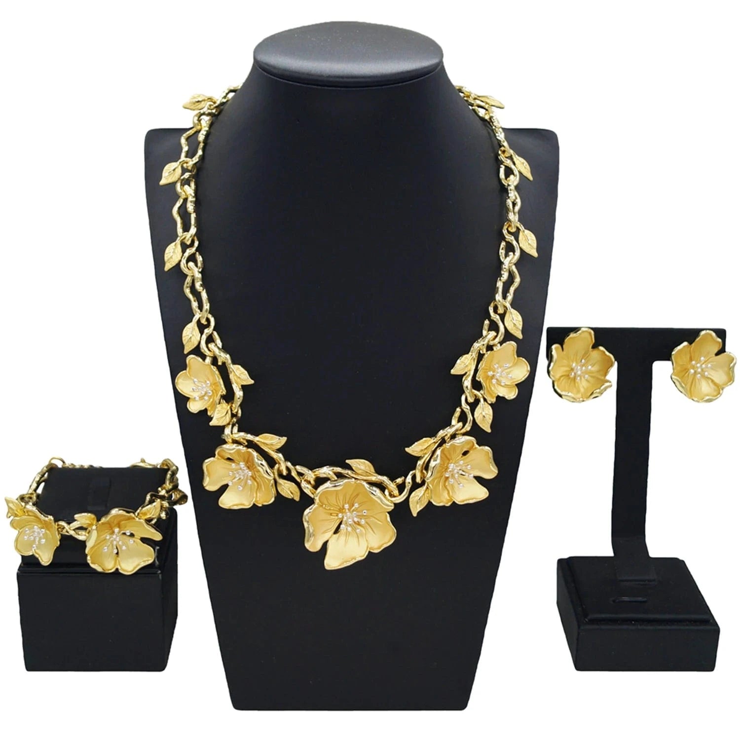 HV21093635 Beautiful Flower Design Jewelry For Women Gold Plated Dubai jewelry Set 4 pieces Jewelry Necklace Earrings Ring Bracelet Sets