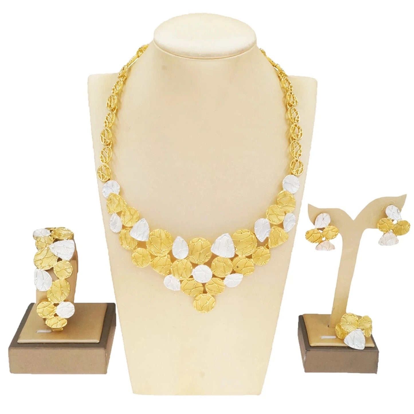 HV21093743 High Quality Dubai Jewelry Set Factory Supply African Jewelry For Woman Gold with Silver 2 Tons Necklace Set Earrings Bracelet