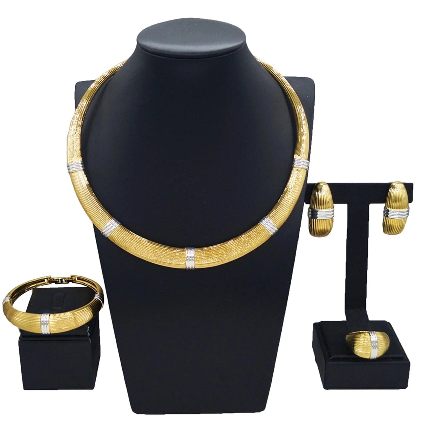 HV21100242 Elegant Factory Jewelry Dubai Gold High Quality African Jewelry Set For Women Gold With Silver Plated Necklace Earrings Bangle