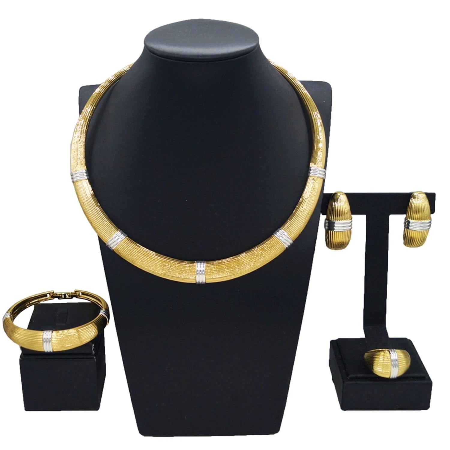 HV21100242 Elegant Factory Jewelry Dubai Gold High Quality African Jewelry Set For Women Gold With Silver Plated Necklace Earrings Bangle