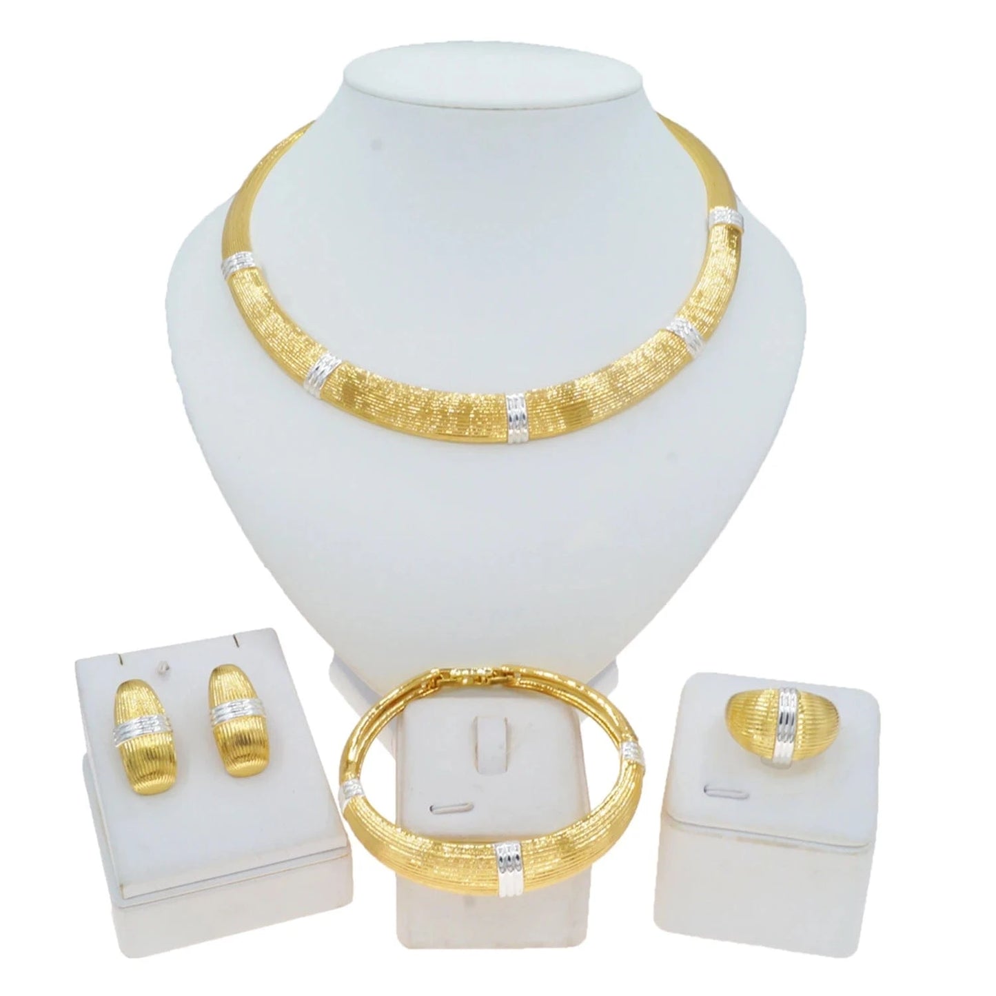 HV21100242 Elegant Factory Jewelry Dubai Gold High Quality African Jewelry Set For Women Gold With Silver Plated Necklace Earrings Bangle